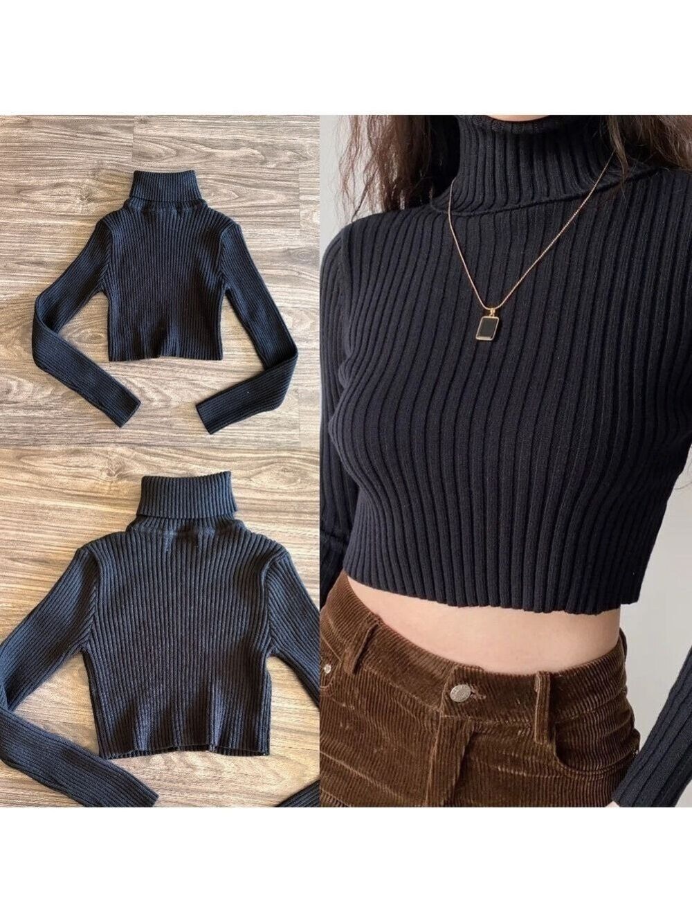 Tic Tok Womens Winter Cropped black turtleneck Ribbed Long Sleeve